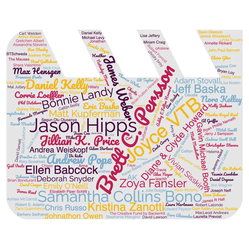 A word cloud of the names of the contributors in the shape of a clapboard